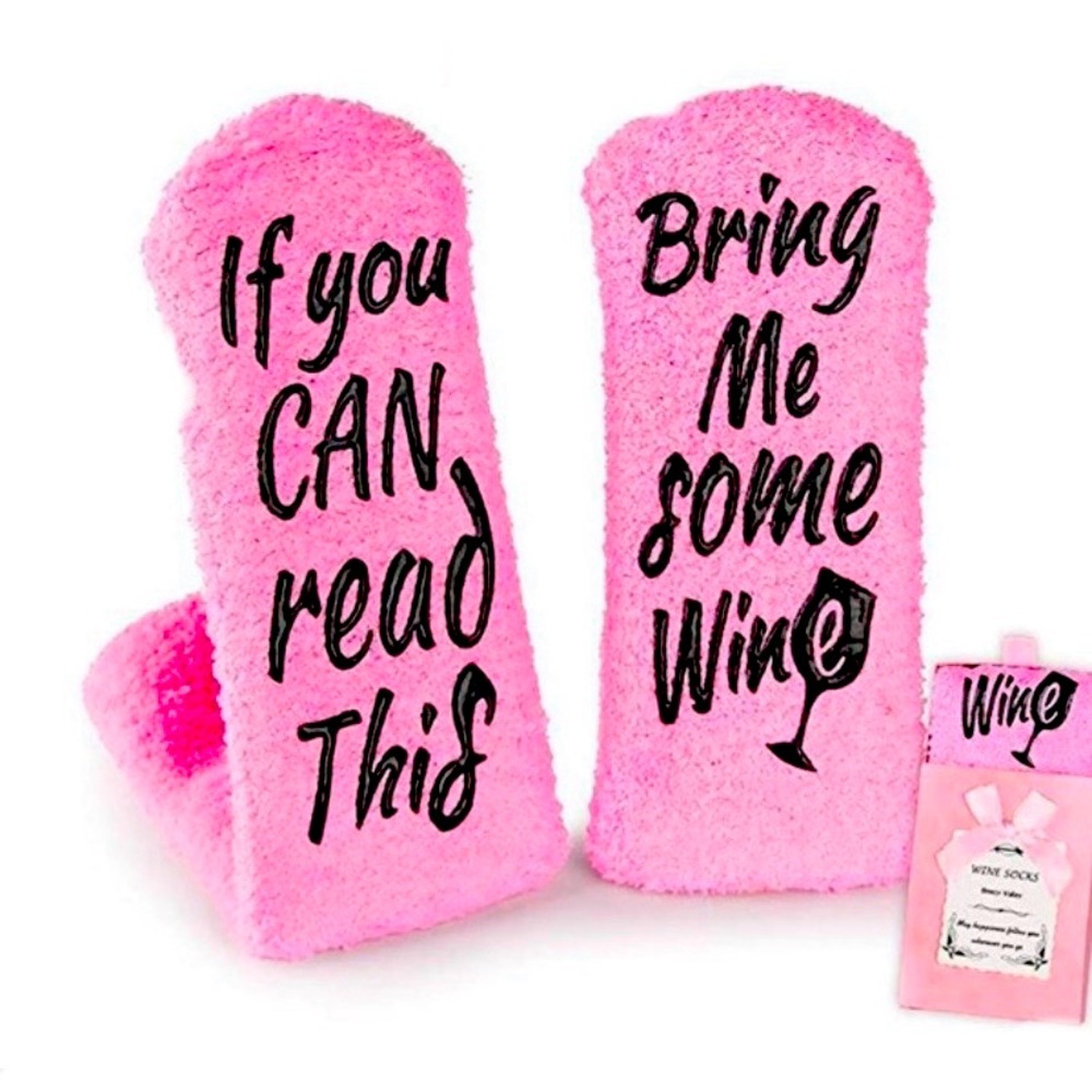 “If you can read this bring me some wine” fuzzy pink women’s soft socks mid calf